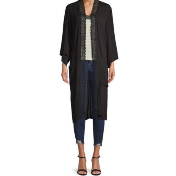 3/$30 Crochet Trim Kimono, Black - Picture 4 of 9
